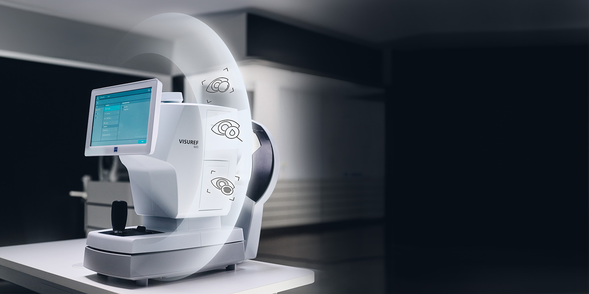 Obraz przedstawiający ZEISS VISUREF 600 na stole z rysunkiem półprzezroczystego okręgu i ikonami wokół niego.