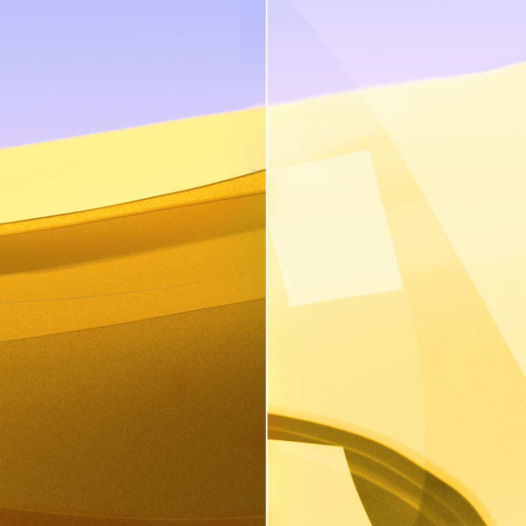 Podzielone obrazy przejrzystej, czystej soczewki z ZEISS DuraVision Gold UV i soczewki z silnymi refleksami.