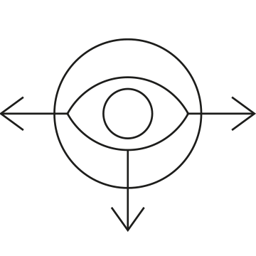 Ikona przedstawiająca oko w okręgu z trzema strzałkami – w lewo, w dół i w prawo.