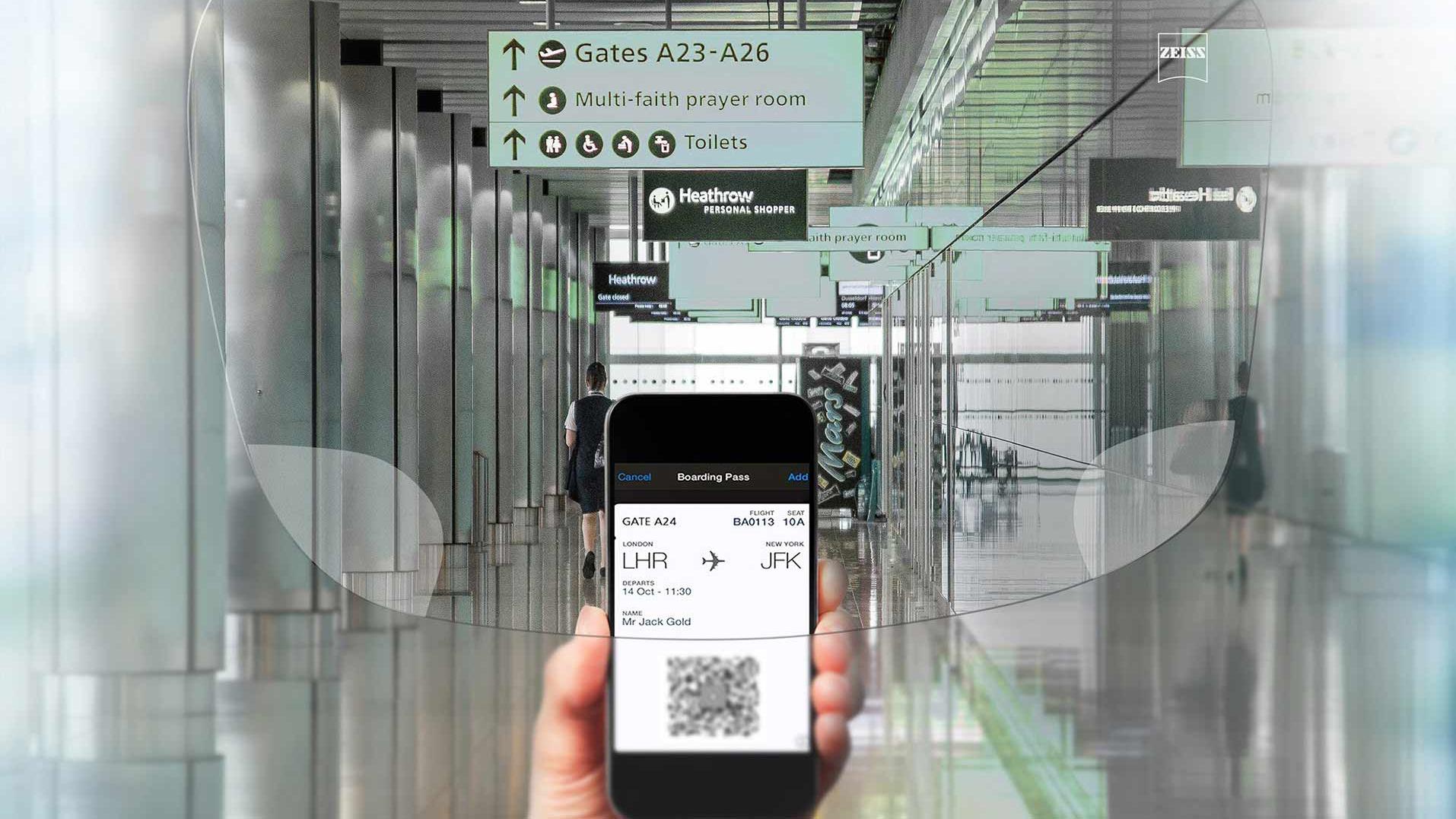 Widok przez soczewkę cyfrową ZEISS na halę lotniska