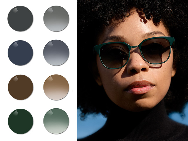 Młoda kobieta w okularach ZEISS Sun Rx z gradientem w odcieniu Black. Następnie wizualizowane są kolory Black, Grey, Brown oraz szaro-zielony Pioneer w wersjach jednorodnych i z gradientem.