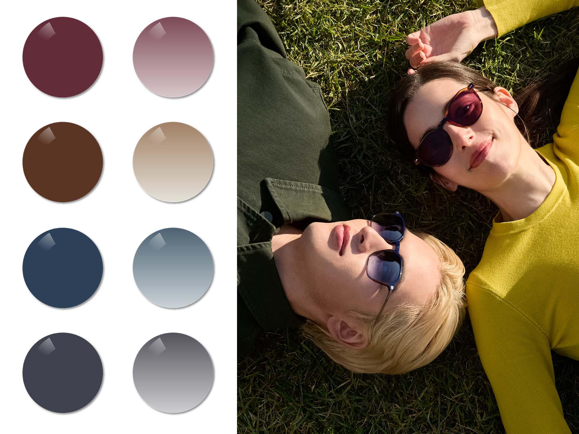 Mężczyzna w okularach ZEISS Sun Rx z gradientem w odcieniu Midnight Blue i kobieta w okularach przeciwsłonecznych ZEISS na receptę z jednorodnym barwieniem Burgundy, leżący na trawie. Następnie wizualizowane są kolory Burgundy, Copper Brown, Midnight Blue i Dusk Grey w wersjach jednorodnych i z gradientem.