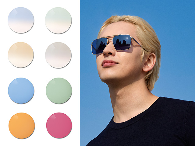 Młody mężczyzna w okularach ZEISS Sun Rx z jednorodnym niebieskim barwieniem. Następnie wizualizowana jest paleta specjalnych barwień, od pastelowych gradientów po intensywne i wyraziste jednorodne kolory.