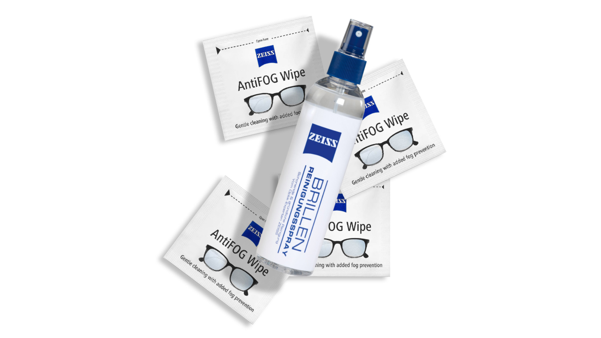 Zdjęcie chusteczek i sprayu czyszczącego ZEISS.