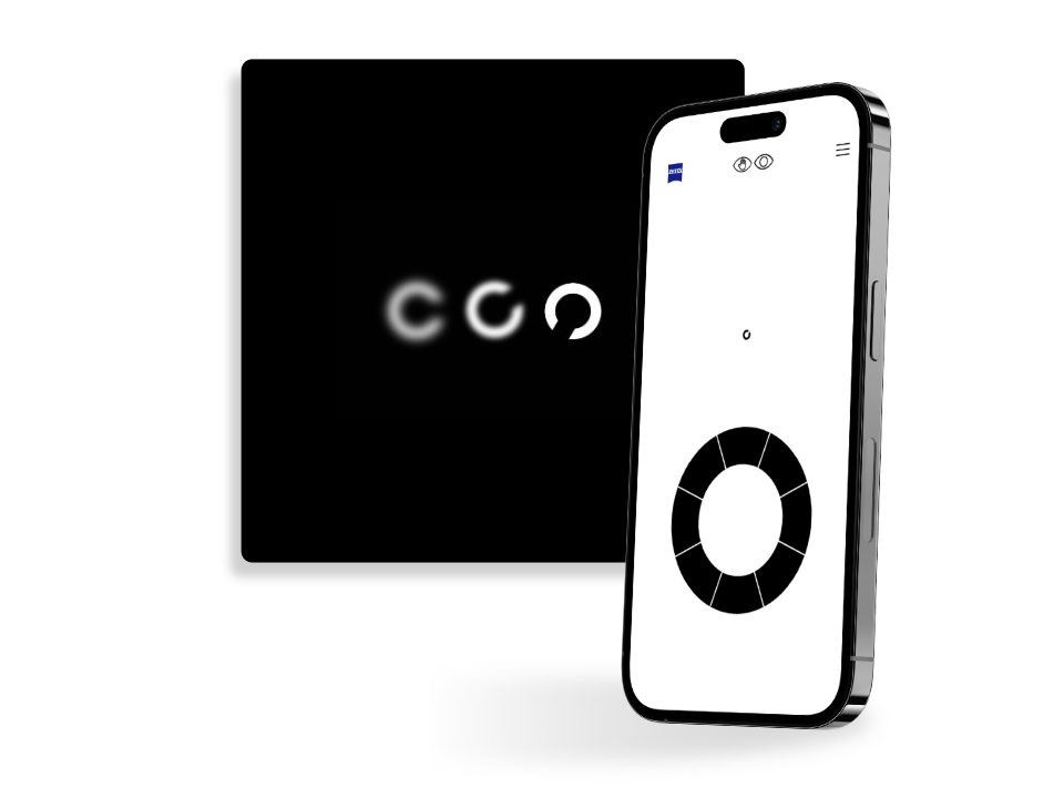 Smartfon z widokiem ekranu przesiewowego testu wzroku ZEISS, na którym widać czarny okrąg podzielony na segmenty, często używany w testach wzroku. 