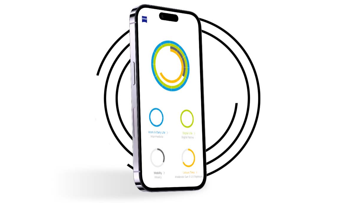 Smartfon, ustawiony naprzeciwko czarnych obręczy, pokazuje profil widzenia użytkownika „Profil My Vision” z okręgami w różnych kolorach. 