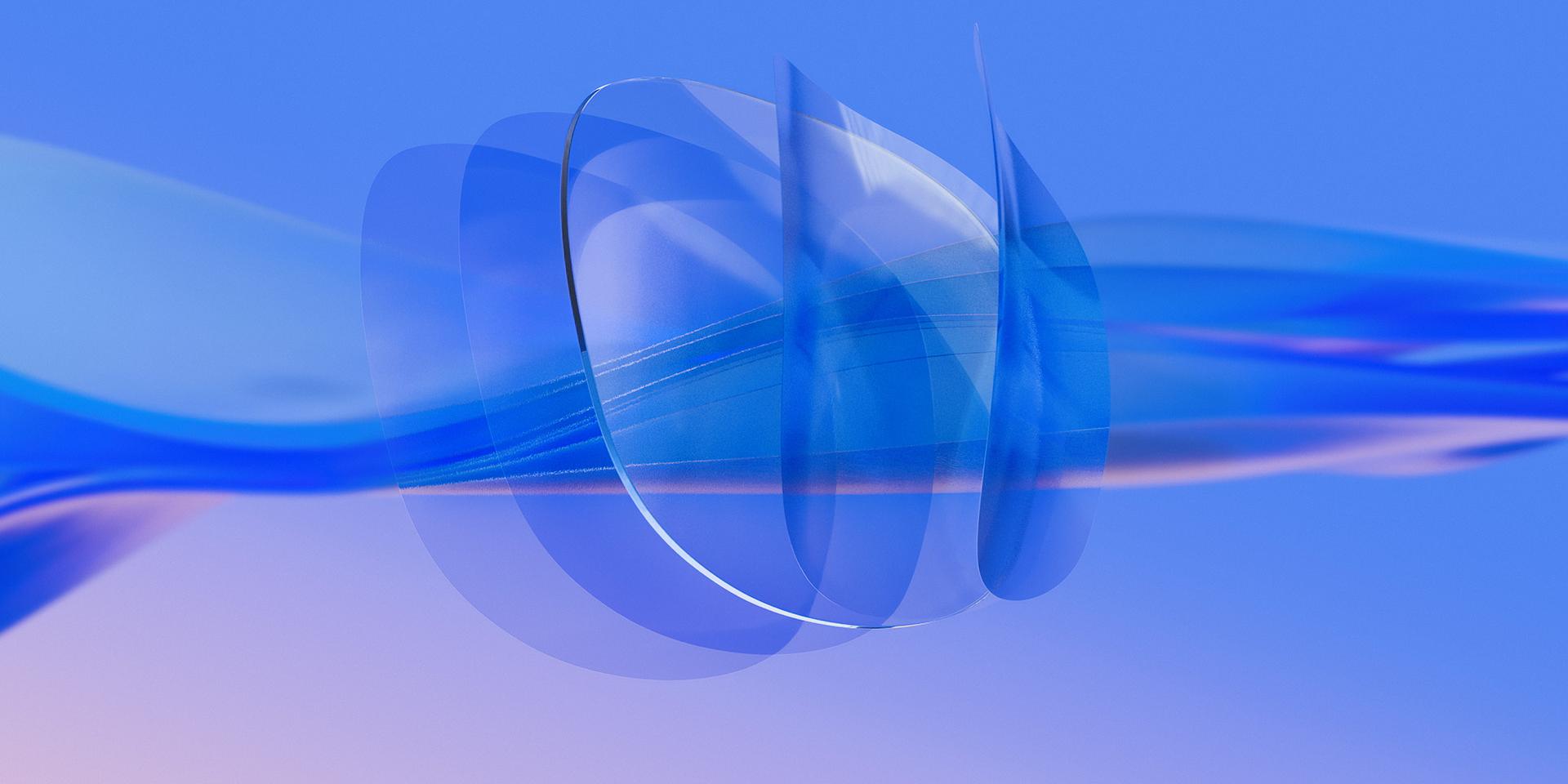 Wygenerowana komputerowo wizualizacja 3D przezroczystej soczewki ZEISS, w której na tylną i przednią część soczewki nałożono wiele ultracienkich powłok.