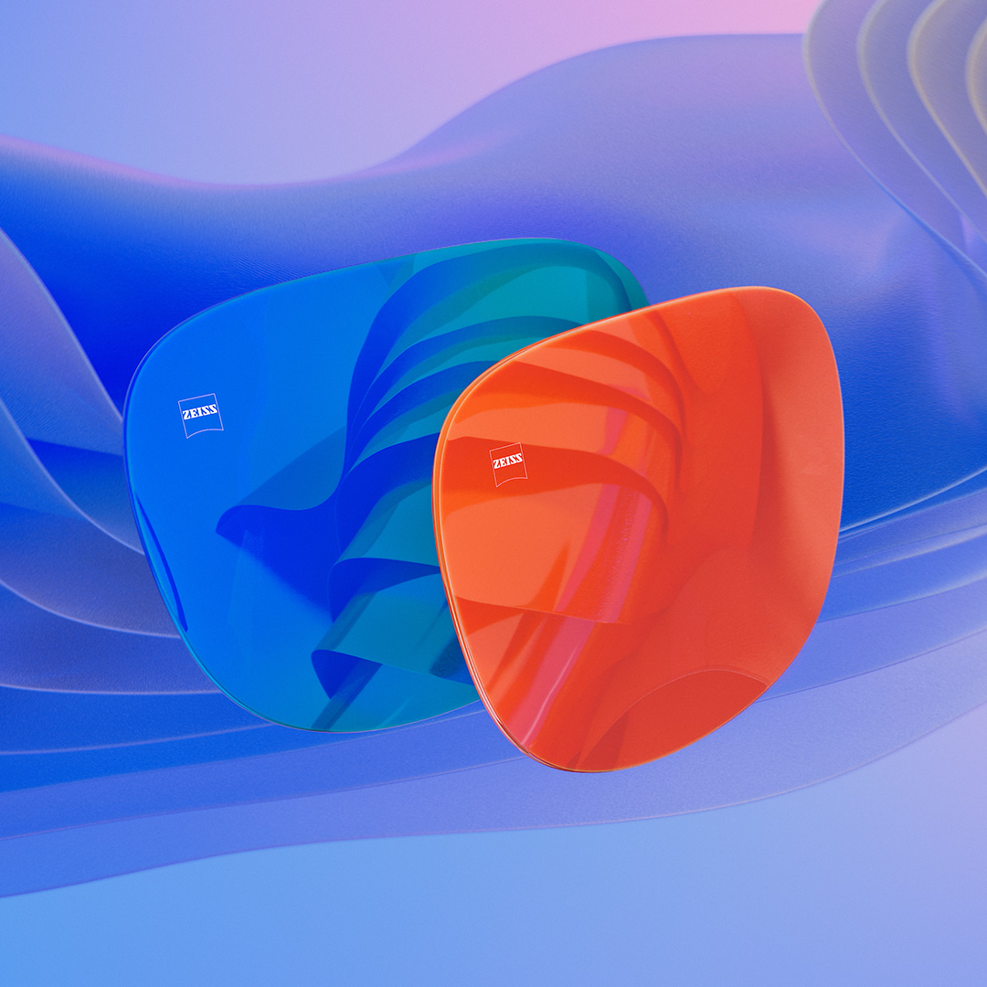 Wygenerowana komputerowo wizualizacja soczewek okularów przeciwsłonecznych z kolorowymi, niebieskimi i pomarańczowymi lustrzanymi powierzchniami.