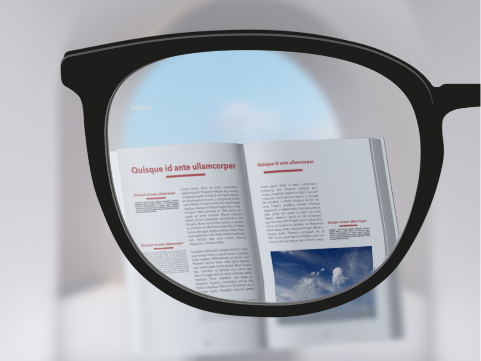  Punkt widzenia z soczewkami jednoogniskowymi ZEISS ClearView z książką, obraz widziany przez soczewkę jest wyraźny, z wyjątkiem zewnętrznej strony soczewki. 