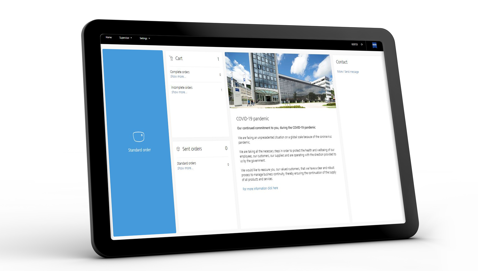 Ekran tabletu przedstawiający interfejs ZEISS VISUSTORE dla zamówień standardowych 