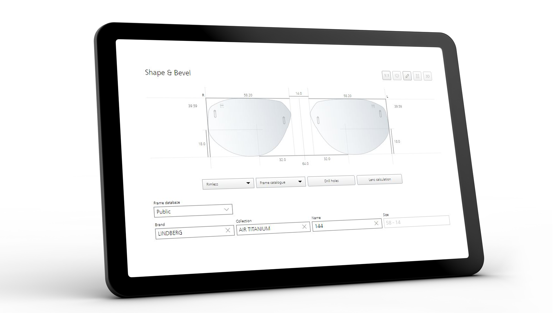 Ekran tabletu przedstawiający interfejs ZEISS VISUSTORE dla kształtu i fasety 