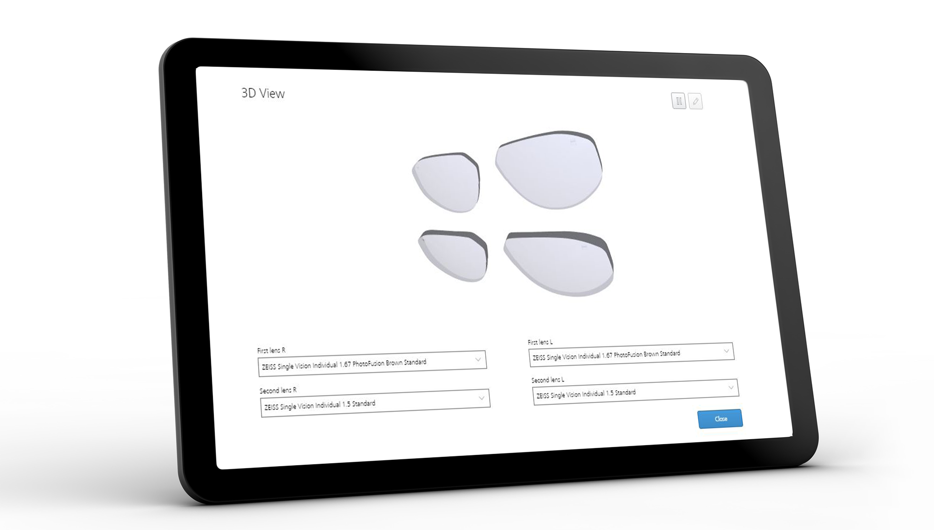 Ekran tabletu przedstawiający interfejs ZEISS VISUSTORE dla widoku 3D 