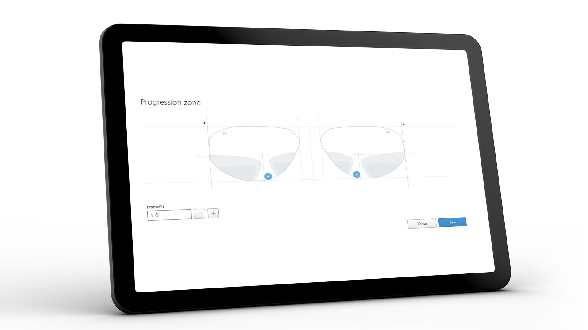Ekran tabletu przedstawiający interfejs ZEISS VISUSTORE dla działu progresji 