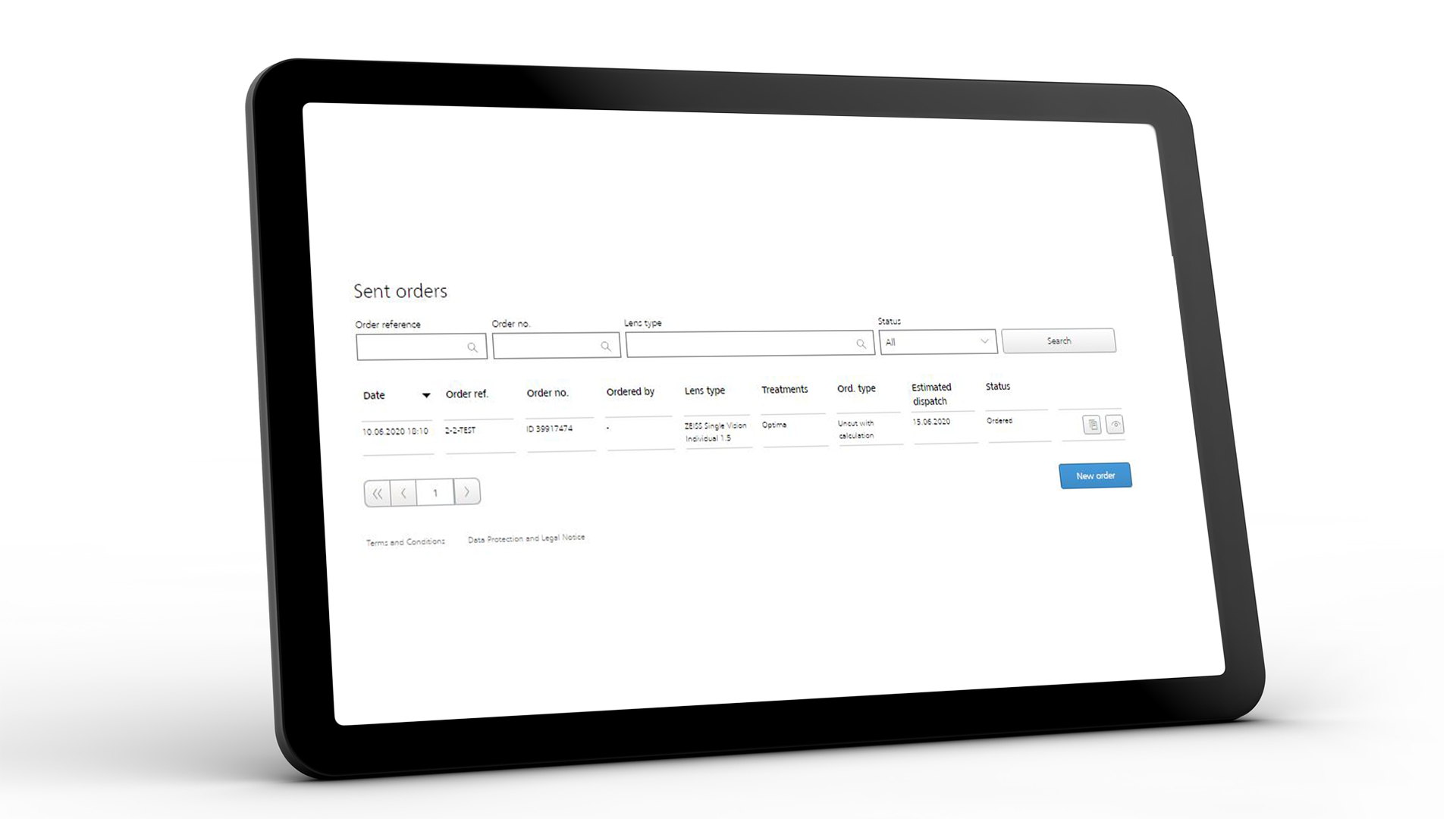 Ekran tabletu pokazujący interfejs ZEISS VISUSTORE dla wysłanych zamówień 