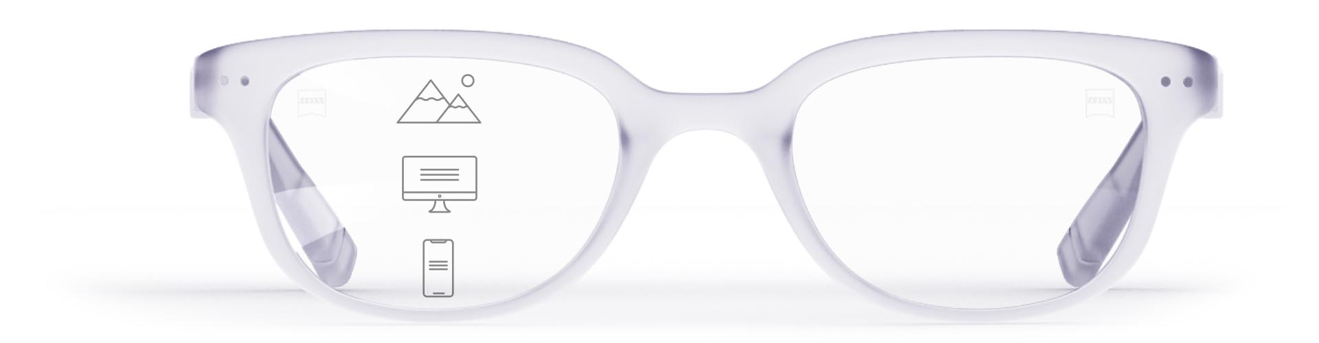 Soczewki progresywne ZEISS SmartLife w stylowej przezroczystej oprawce z symbolami wskazującymi różne strefy widzenia – bliską, pośrednią i daleką